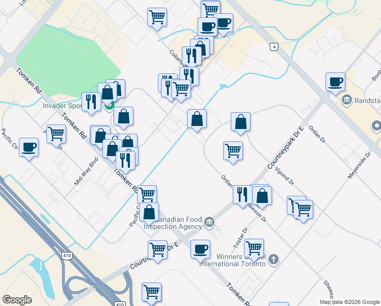 map of restaurants, bars, coffee shops, grocery stores, and more near 7035 Ordan Drive in Mississauga