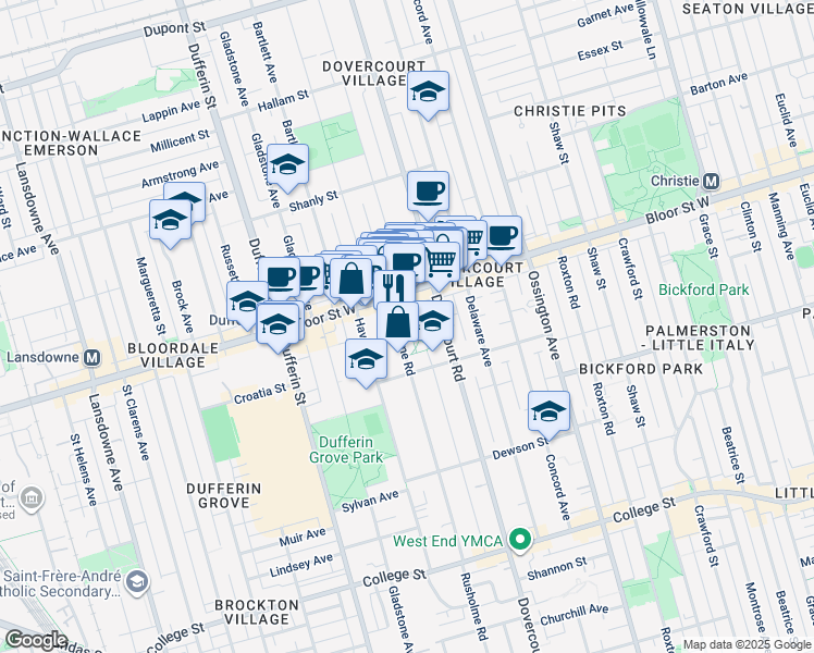 map of restaurants, bars, coffee shops, grocery stores, and more near 357 Rusholme Road in Toronto