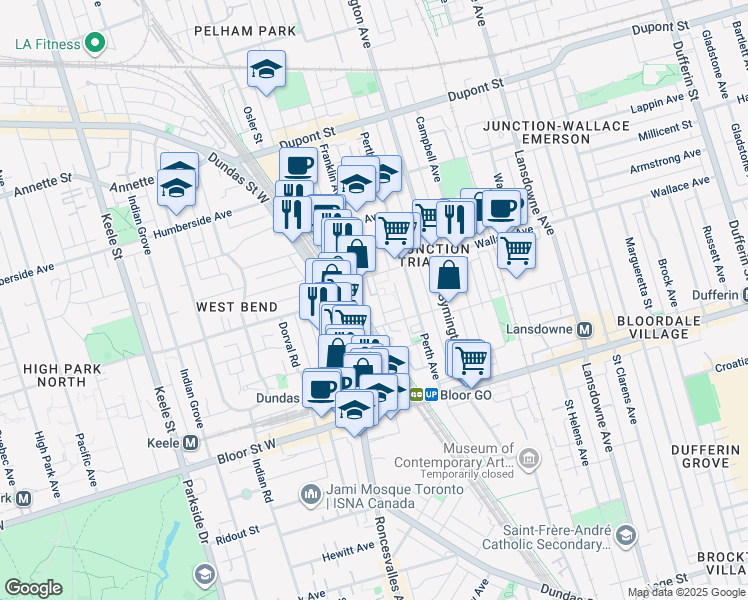 map of restaurants, bars, coffee shops, grocery stores, and more near 20 Elsie Lane in Toronto