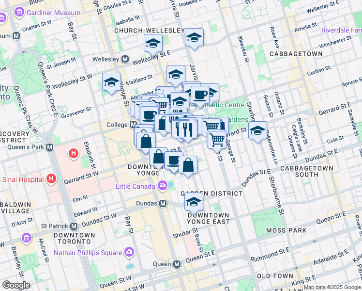map of restaurants, bars, coffee shops, grocery stores, and more near 66 Gerrard Street East in Toronto