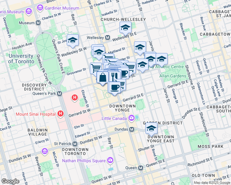 map of restaurants, bars, coffee shops, grocery stores, and more near 386 Yonge Street in Toronto