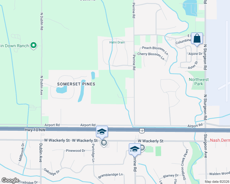 map of restaurants, bars, coffee shops, grocery stores, and more near 6915 Perrine Road in Midland