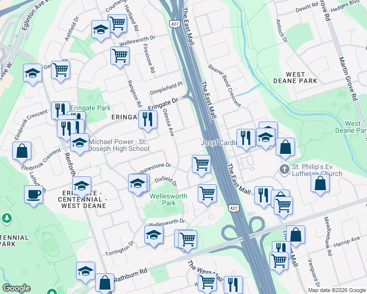 map of restaurants, bars, coffee shops, grocery stores, and more near 38 Summerfield Crescent in Toronto