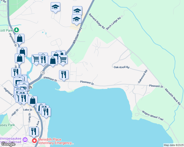 map of restaurants, bars, coffee shops, grocery stores, and more near 62 Pleasant Street in Meredith