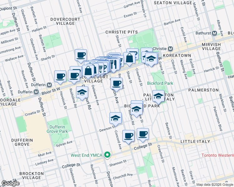 map of restaurants, bars, coffee shops, grocery stores, and more near 649 Ossington Avenue in Toronto