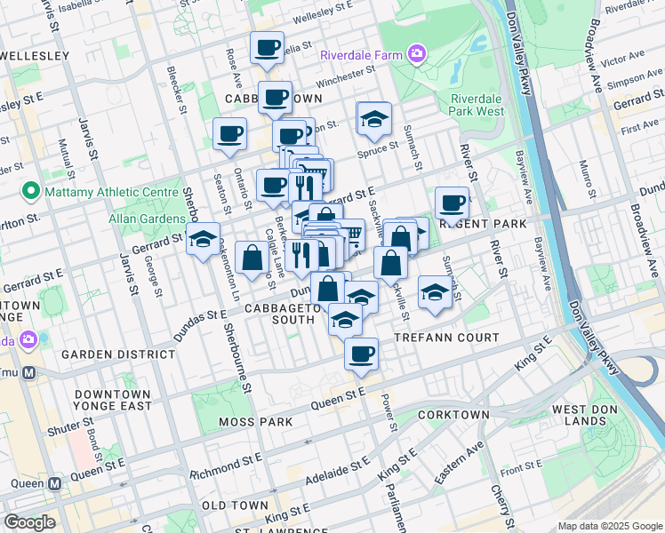 map of restaurants, bars, coffee shops, grocery stores, and more near 1 Cole Street in Toronto