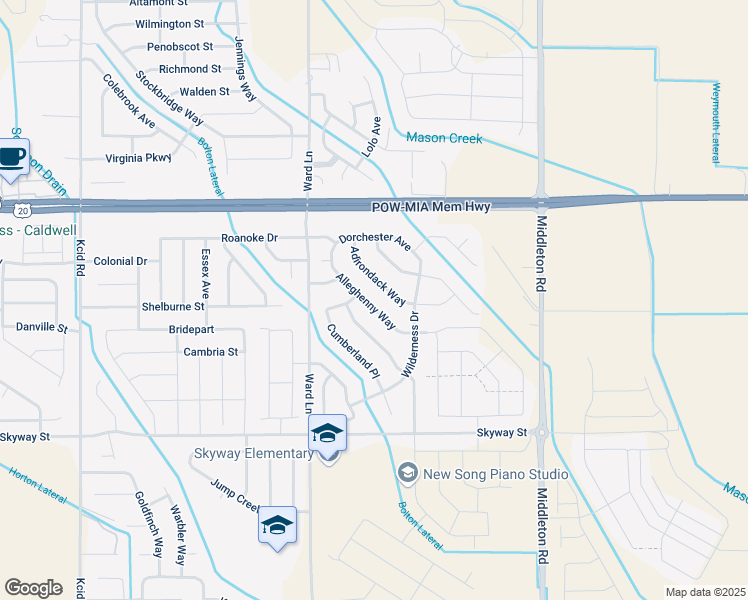 map of restaurants, bars, coffee shops, grocery stores, and more near 19778 Alleghenny Way in Caldwell