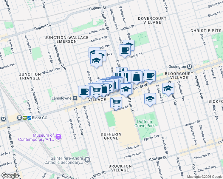 map of restaurants, bars, coffee shops, grocery stores, and more near 7 Pauline Avenue in Toronto