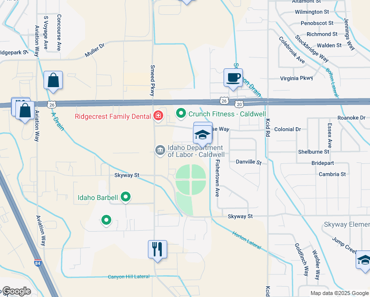 map of restaurants, bars, coffee shops, grocery stores, and more near 1118 Adam Smith Avenue in Caldwell