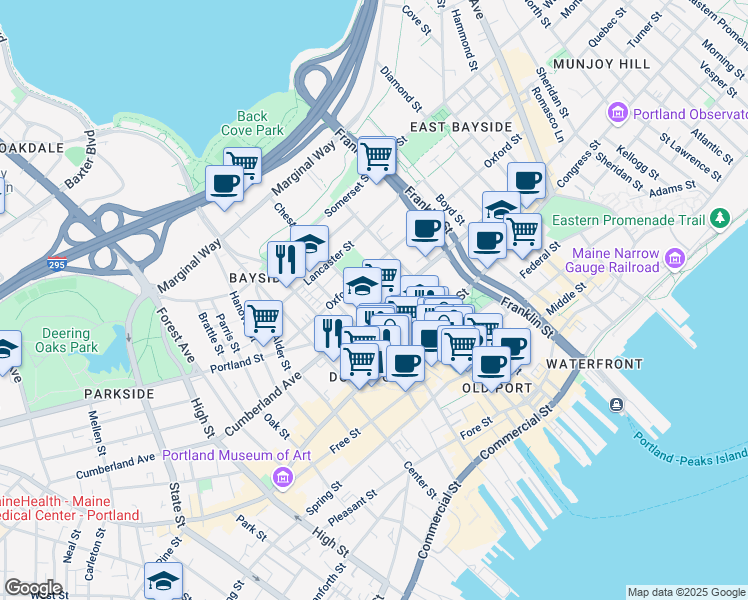 map of restaurants, bars, coffee shops, grocery stores, and more near 159 Oxford Street in Portland