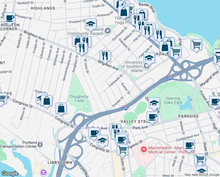 map of restaurants, bars, coffee shops, grocery stores, and more near 183 Falmouth Street in Portland
