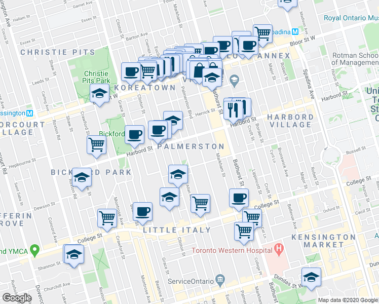 map of restaurants, bars, coffee shops, grocery stores, and more near in Toronto