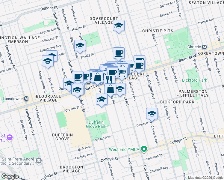 map of restaurants, bars, coffee shops, grocery stores, and more near in Toronto