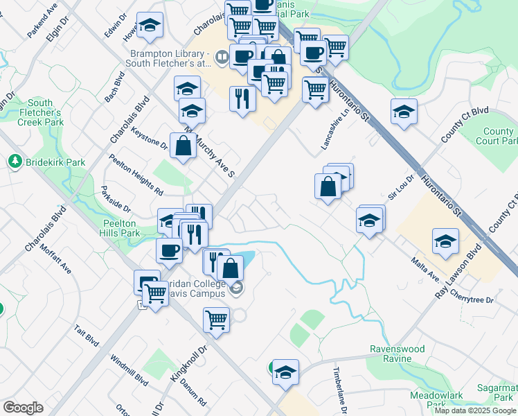 map of restaurants, bars, coffee shops, grocery stores, and more near in Brampton