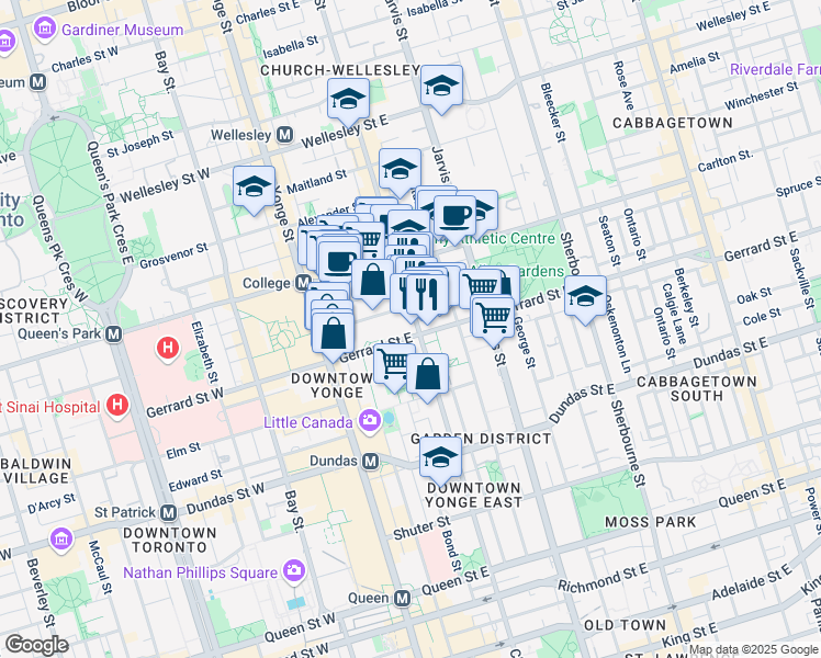 map of restaurants, bars, coffee shops, grocery stores, and more near in Toronto