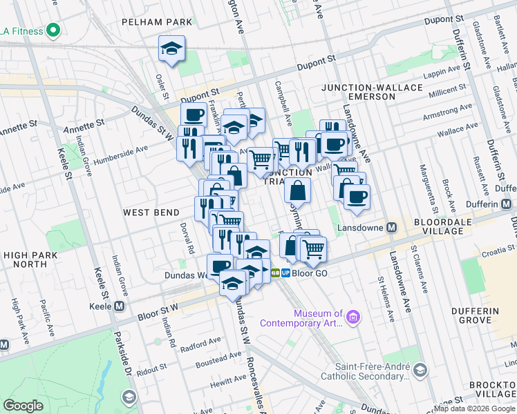 map of restaurants, bars, coffee shops, grocery stores, and more near 5 Elsie Lane in Toronto