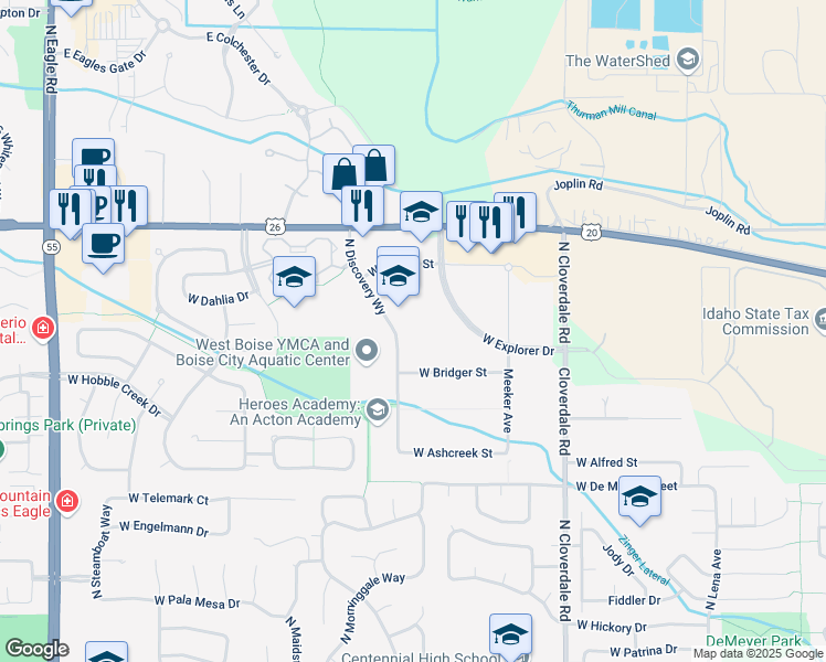 map of restaurants, bars, coffee shops, grocery stores, and more near 6074 North Discovery Place in Boise