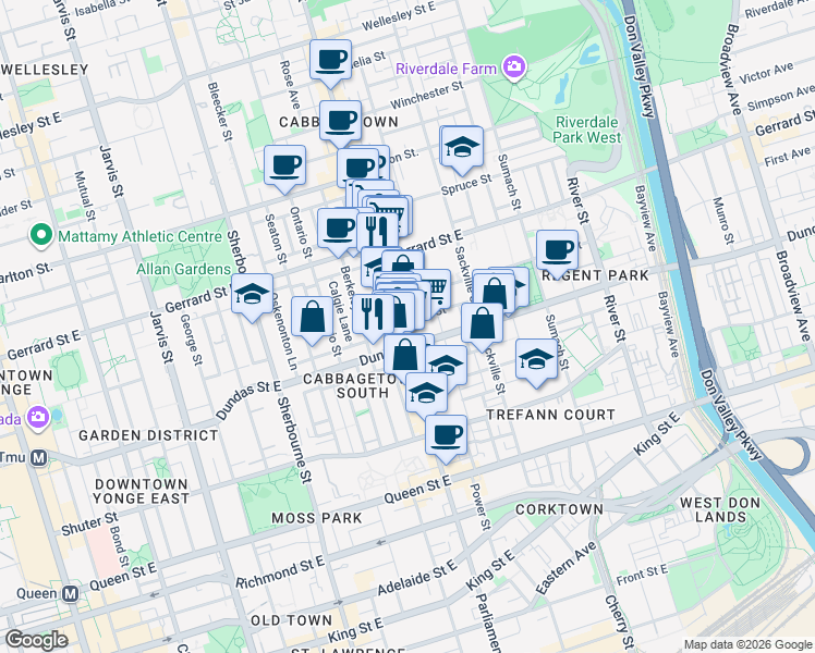 map of restaurants, bars, coffee shops, grocery stores, and more near 1 Cole Street in Toronto