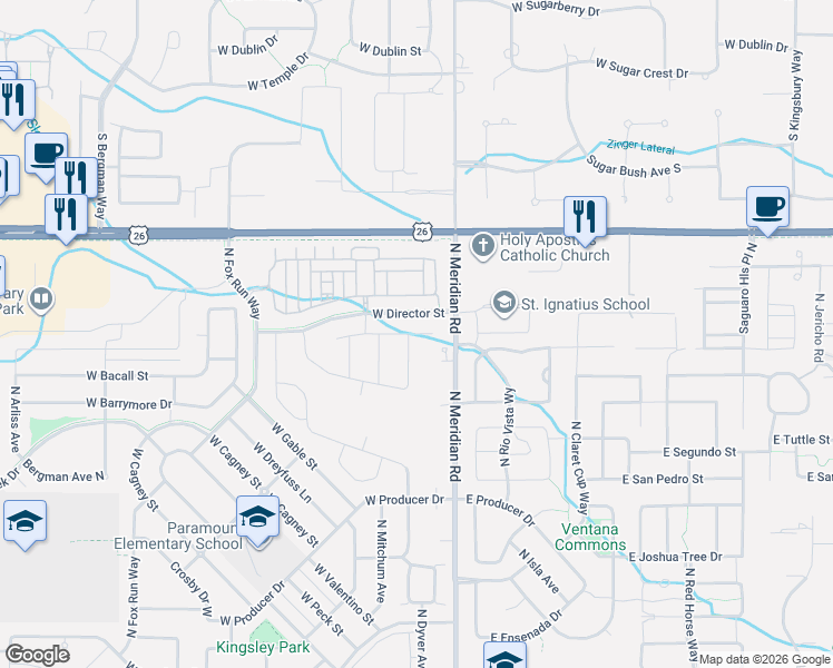 map of restaurants, bars, coffee shops, grocery stores, and more near 50 West Heston Drive in Meridian