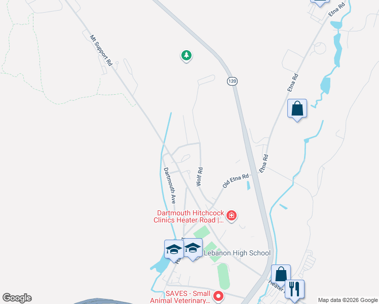 map of restaurants, bars, coffee shops, grocery stores, and more near 20 Memorial Drive in Lebanon