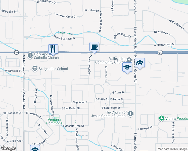 map of restaurants, bars, coffee shops, grocery stores, and more near 6136 North Saguaro Hills Avenue in Meridian