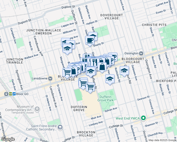 map of restaurants, bars, coffee shops, grocery stores, and more near 1140 Bloor Street West in Toronto