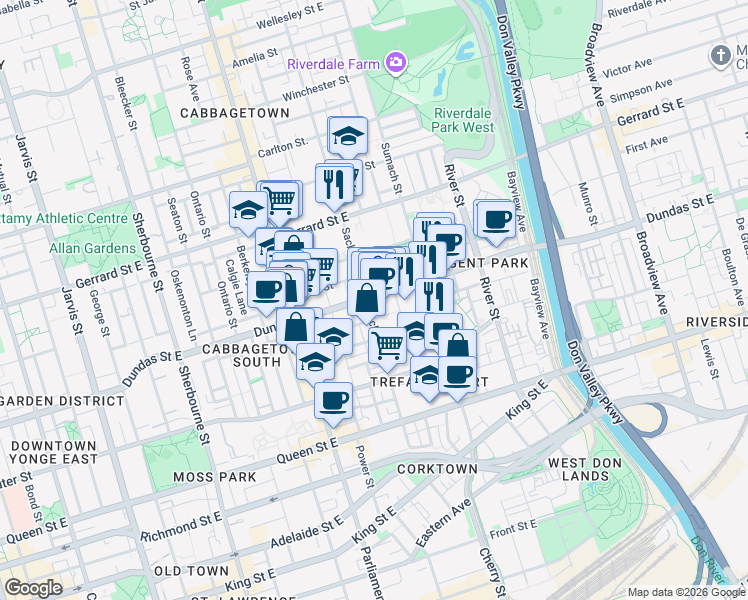 map of restaurants, bars, coffee shops, grocery stores, and more near 225 Sackville Street in Toronto