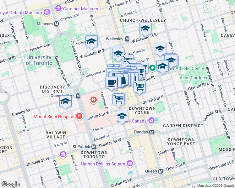 map of restaurants, bars, coffee shops, grocery stores, and more near 763 Bay Street in Toronto