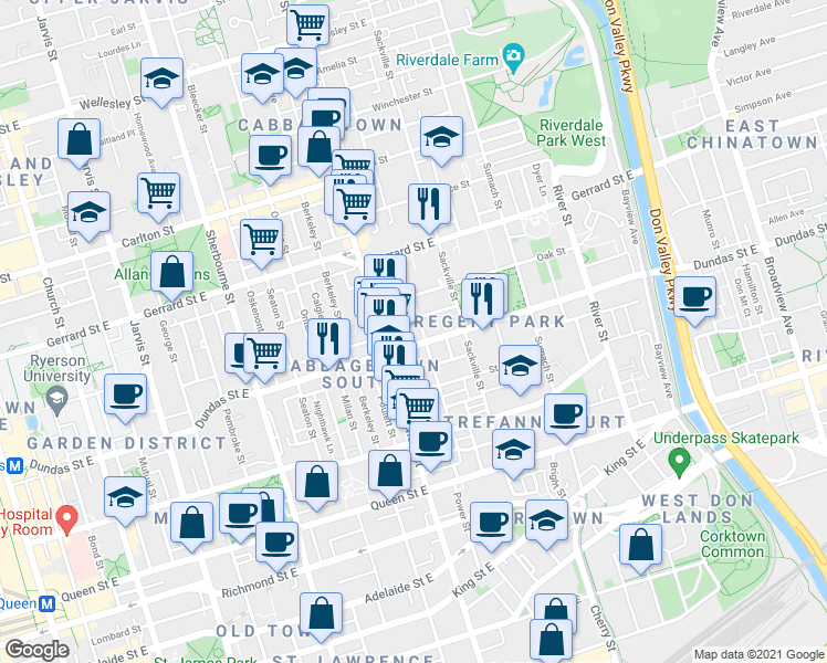 map of restaurants, bars, coffee shops, grocery stores, and more near 25 Cole Street in Toronto