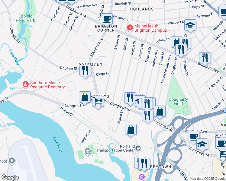 map of restaurants, bars, coffee shops, grocery stores, and more near 38 Caleb Street in Portland
