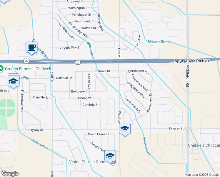 map of restaurants, bars, coffee shops, grocery stores, and more near 11556 Shelburne Street in Caldwell