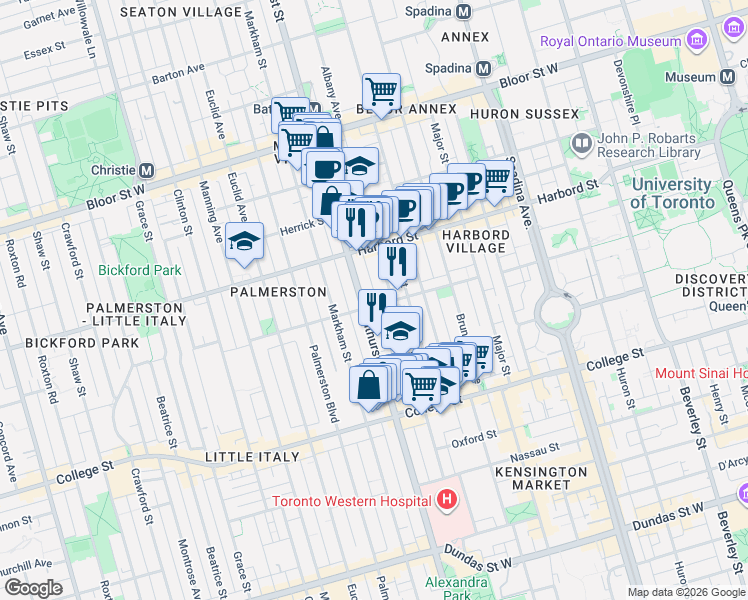 map of restaurants, bars, coffee shops, grocery stores, and more near 102 Ulster Street in Toronto