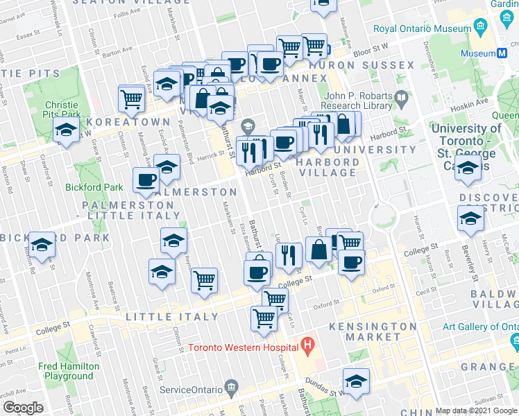 map of restaurants, bars, coffee shops, grocery stores, and more near 100 Ulster Street in Toronto