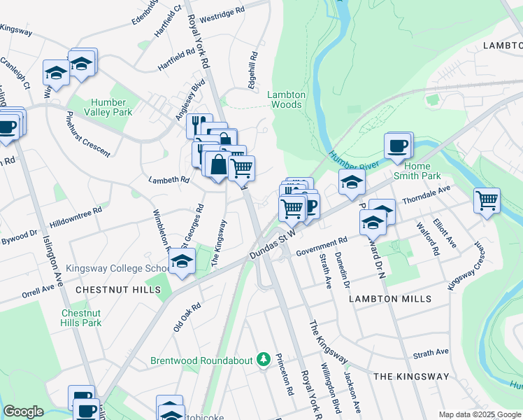 map of restaurants, bars, coffee shops, grocery stores, and more near 03 Royal York Court in Toronto