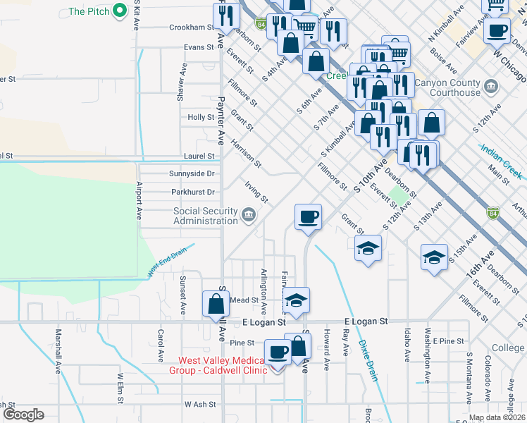 map of restaurants, bars, coffee shops, grocery stores, and more near 720 Irving Street in Caldwell