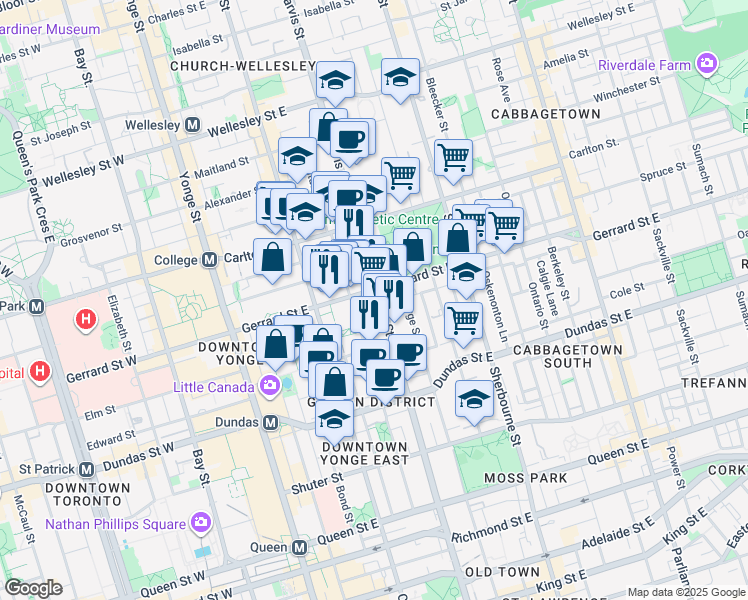 map of restaurants, bars, coffee shops, grocery stores, and more near 117 Gerrard Street East in Toronto