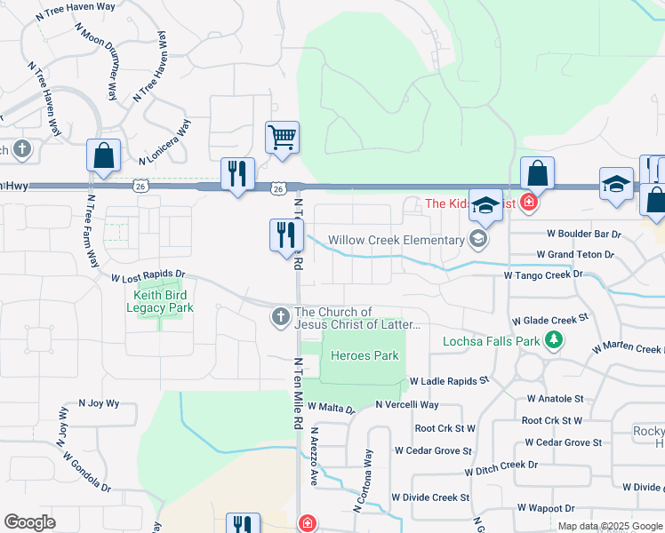 map of restaurants, bars, coffee shops, grocery stores, and more near 6140 North Spindrift Avenue in Meridian