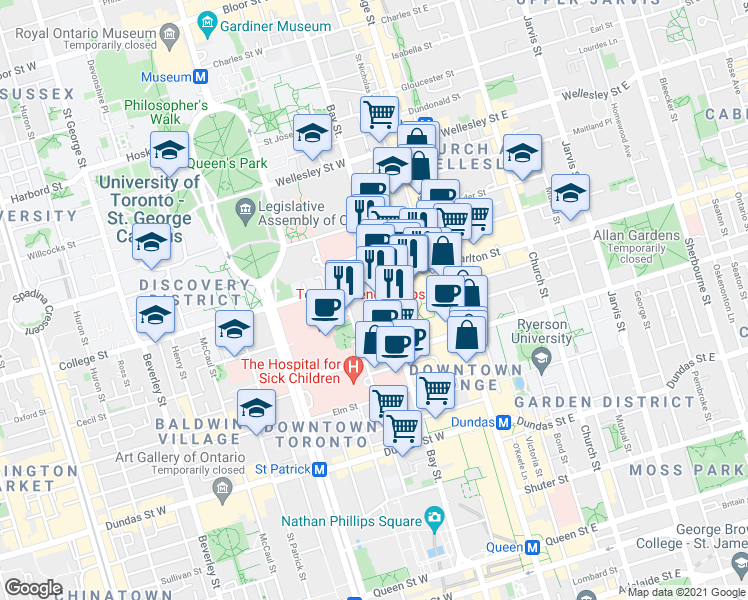 map of restaurants, bars, coffee shops, grocery stores, and more near 770 Bay Street in Toronto