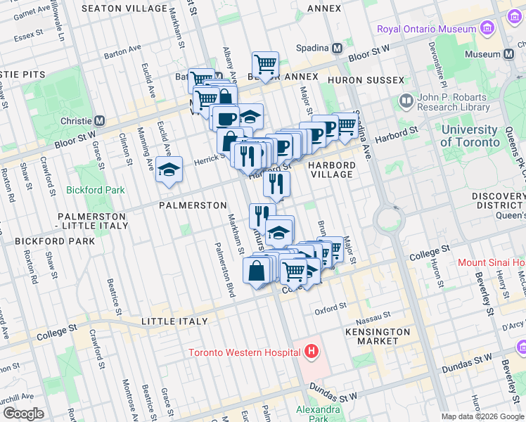 map of restaurants, bars, coffee shops, grocery stores, and more near 100 Ulster Street in Toronto