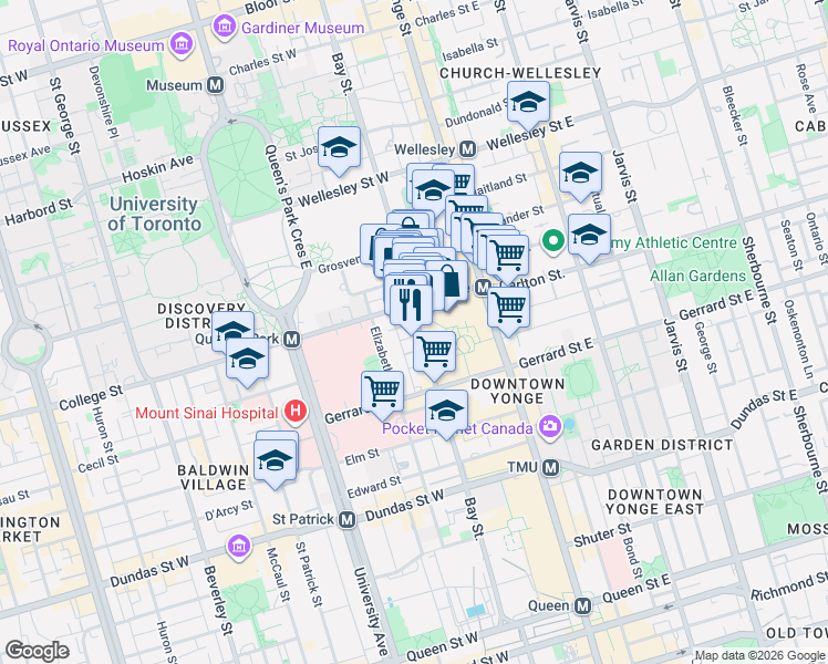 map of restaurants, bars, coffee shops, grocery stores, and more near 770 Bay Street in Toronto