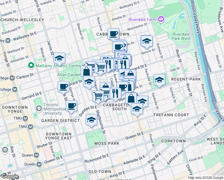 map of restaurants, bars, coffee shops, grocery stores, and more near 323 Ontario Street in Toronto