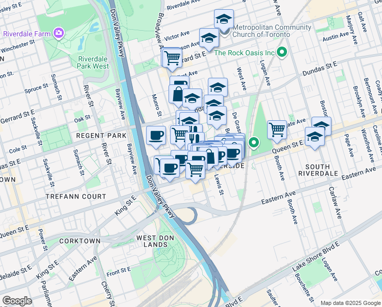 map of restaurants, bars, coffee shops, grocery stores, and more near 150 Broadview Avenue in Toronto
