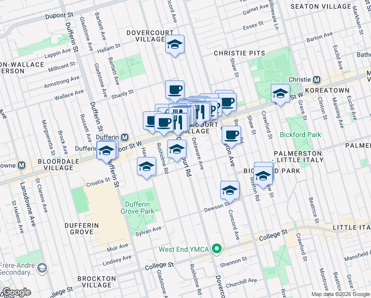 map of restaurants, bars, coffee shops, grocery stores, and more near 701 Dovercourt Road in Toronto