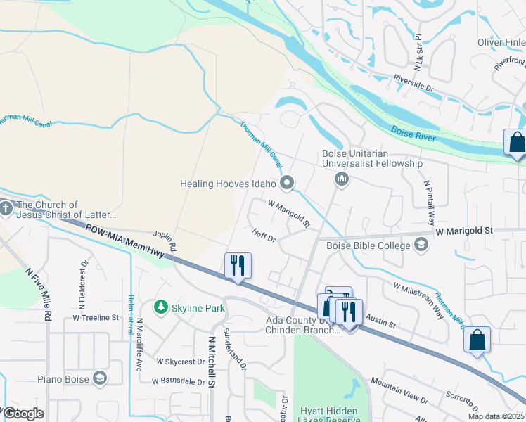 map of restaurants, bars, coffee shops, grocery stores, and more near 9589 West Marigold Street in Boise