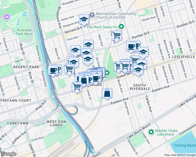 map of restaurants, bars, coffee shops, grocery stores, and more near 810 Queen Street East in Toronto