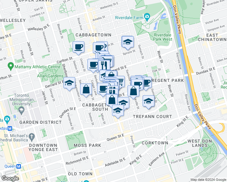 map of restaurants, bars, coffee shops, grocery stores, and more near in Toronto