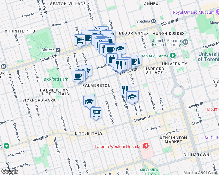 map of restaurants, bars, coffee shops, grocery stores, and more near in Toronto