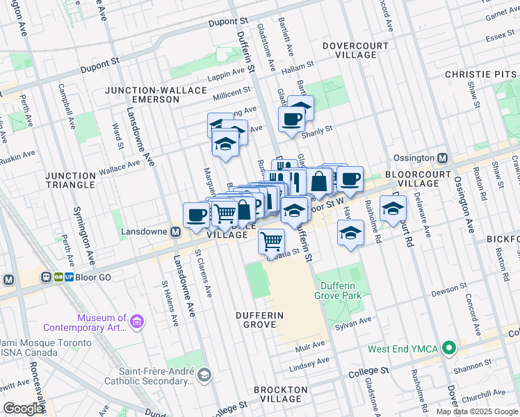map of restaurants, bars, coffee shops, grocery stores, and more near 9 Russett Avenue in Toronto