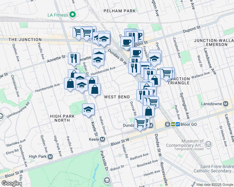 map of restaurants, bars, coffee shops, grocery stores, and more near in Toronto
