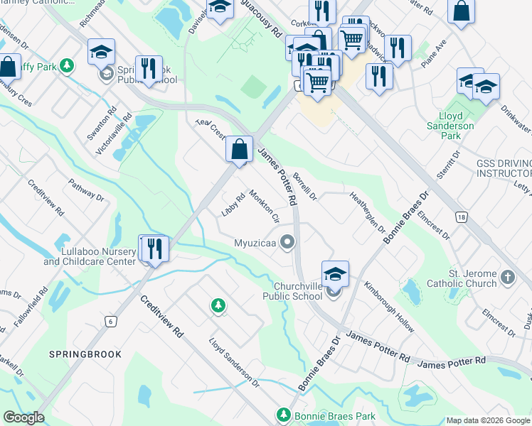 map of restaurants, bars, coffee shops, grocery stores, and more near 10 Monkton Circle in Brampton